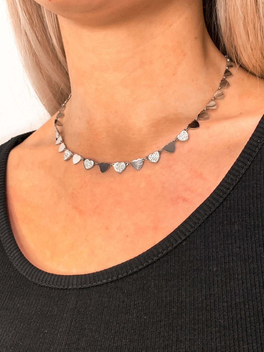 Collana argento con cuoricini e strass – alternate