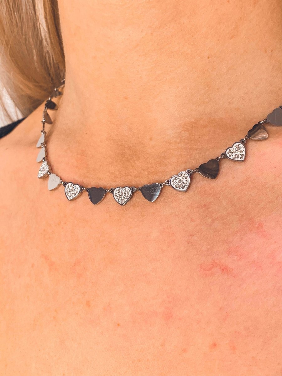 Collana argento con cuoricini e strass