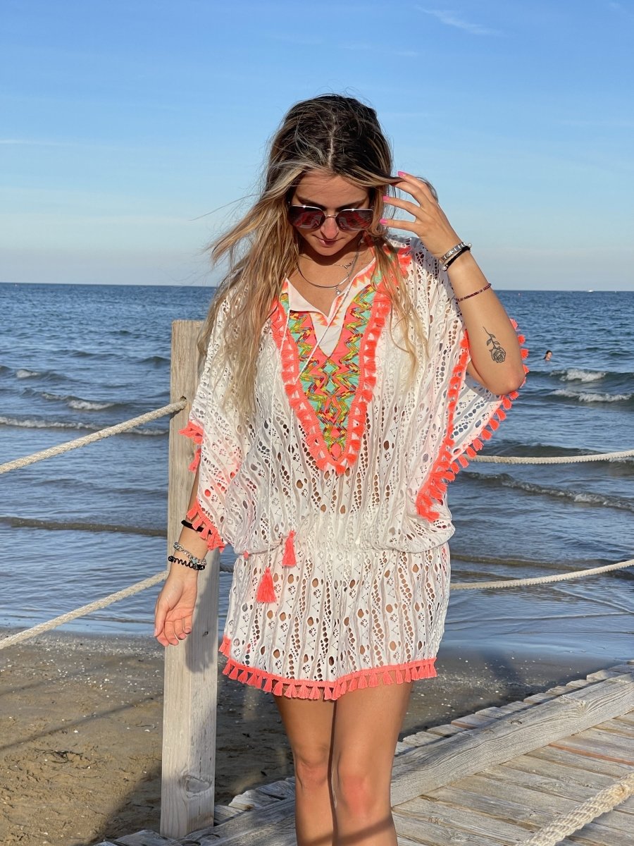Copricostume bianco con ricami e dettagli fluo - Follie by Alice