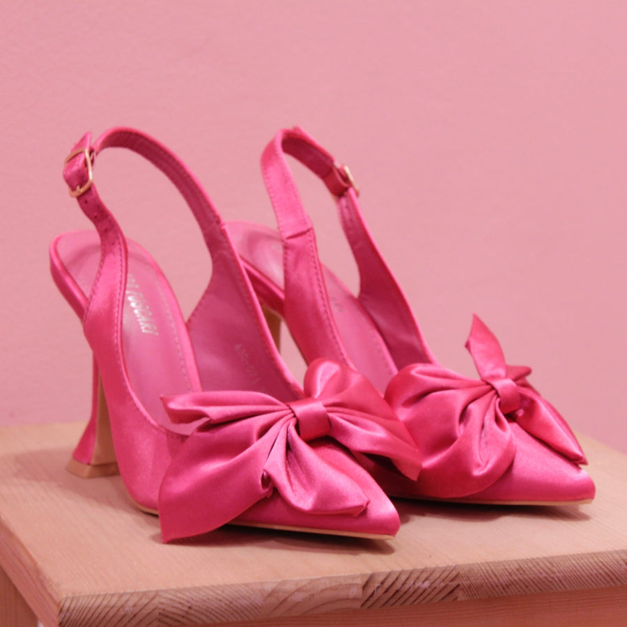 Décolleté fucsia in raso con fiocchetto e tacco scultura 10 cm