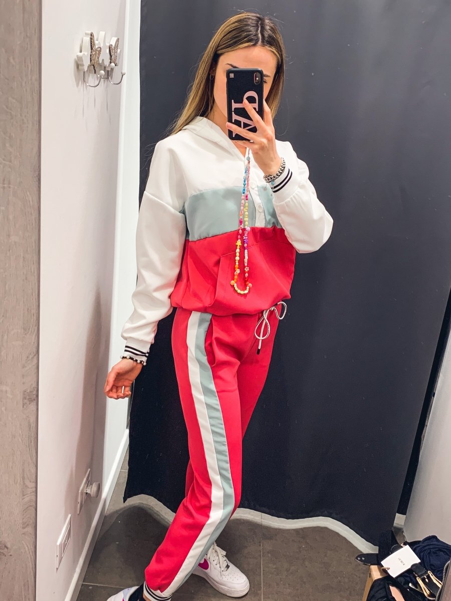 Felpa bianca, fucsia e verde con cappuccio e bottoni – alternate