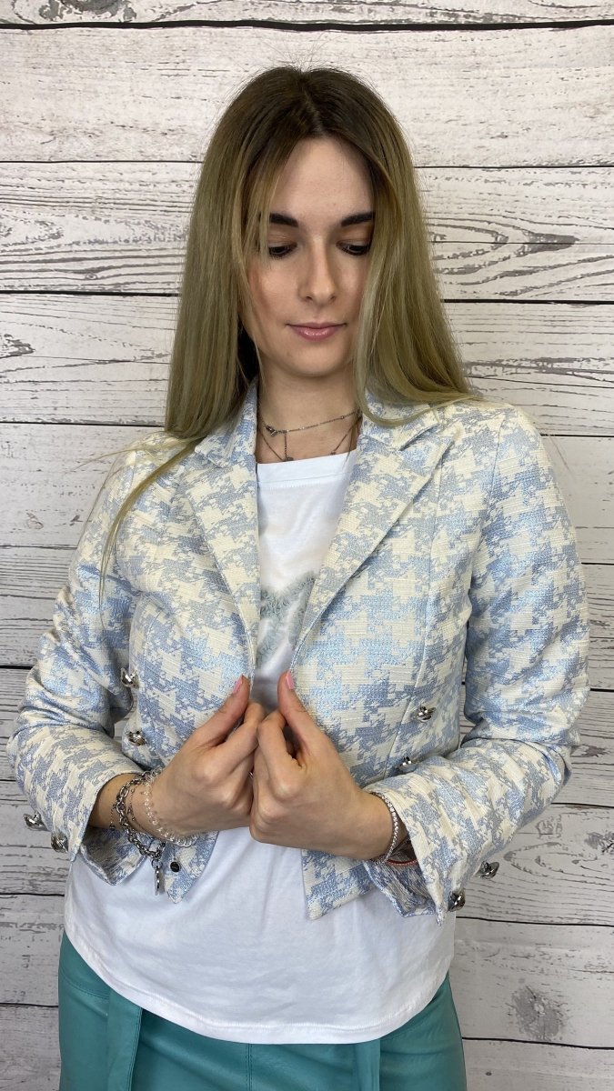 Giacca corta color azzurro e bianco con fantasia pedigree e bottoni argento - Follie by Alice