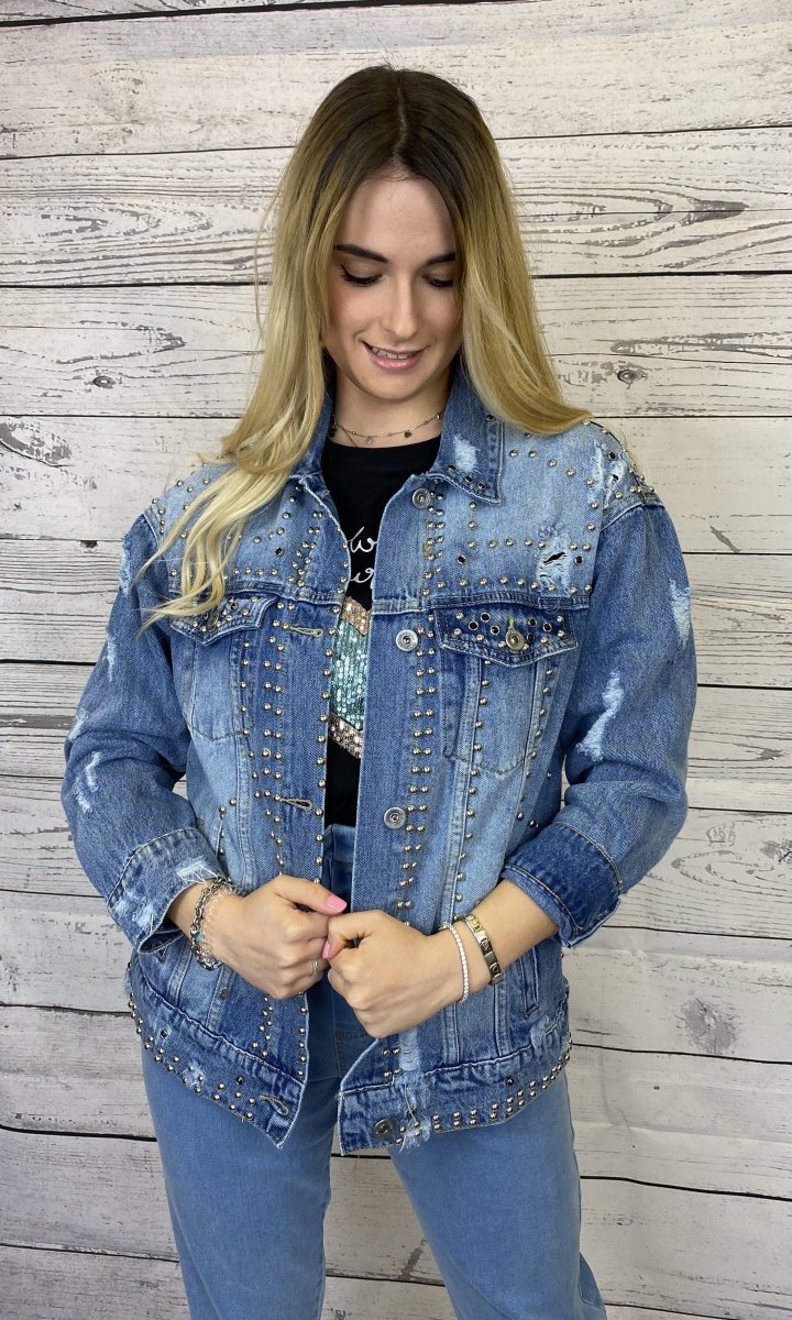 Giacca di jeans con borchie argento e perline - Follie by Alice