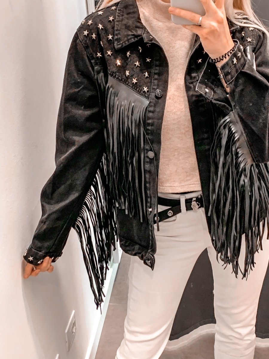 Giacca di jeans nera con frange e stelline - Follie by Alice