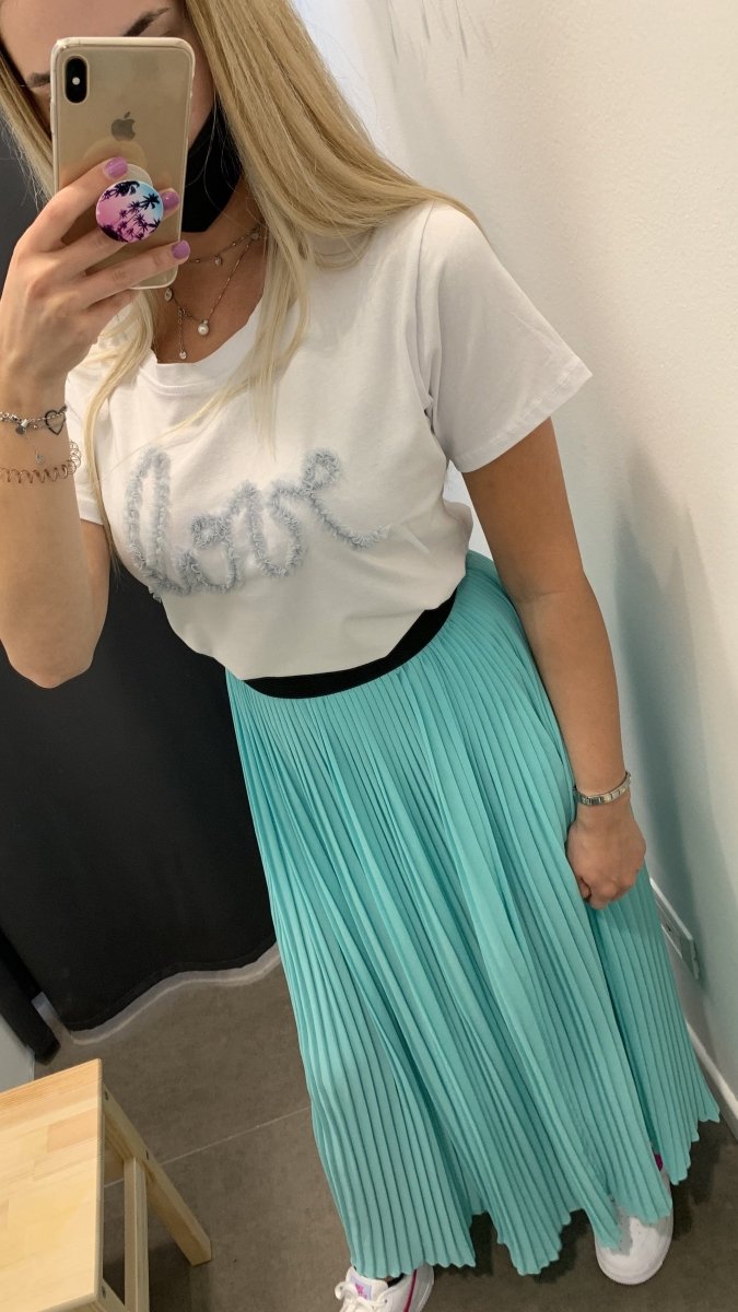 Gonna a costine color turchese con vita elasticizzata a contrasto - Follie by Alice
