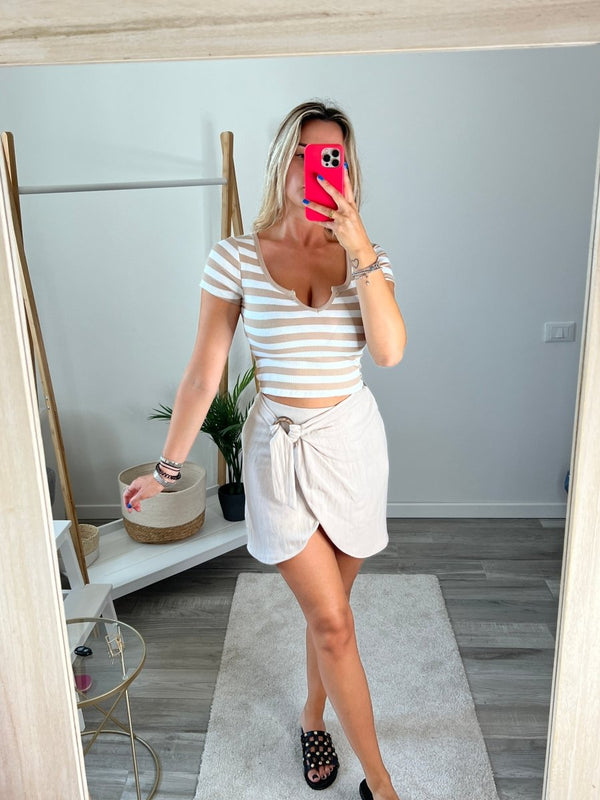 Gonna a portafoglio beige effetto lino - Follie by Alice