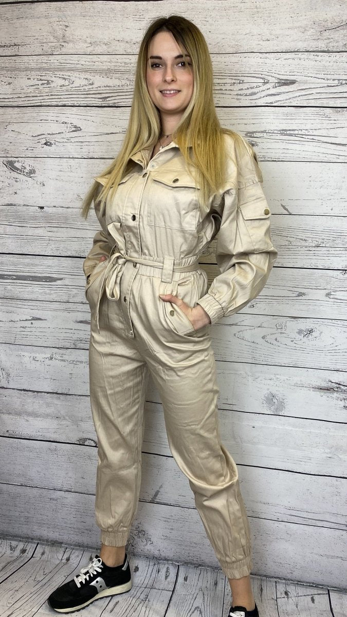 Jumpsuit beige con coulisse e bottoni argento - Follie by Alice