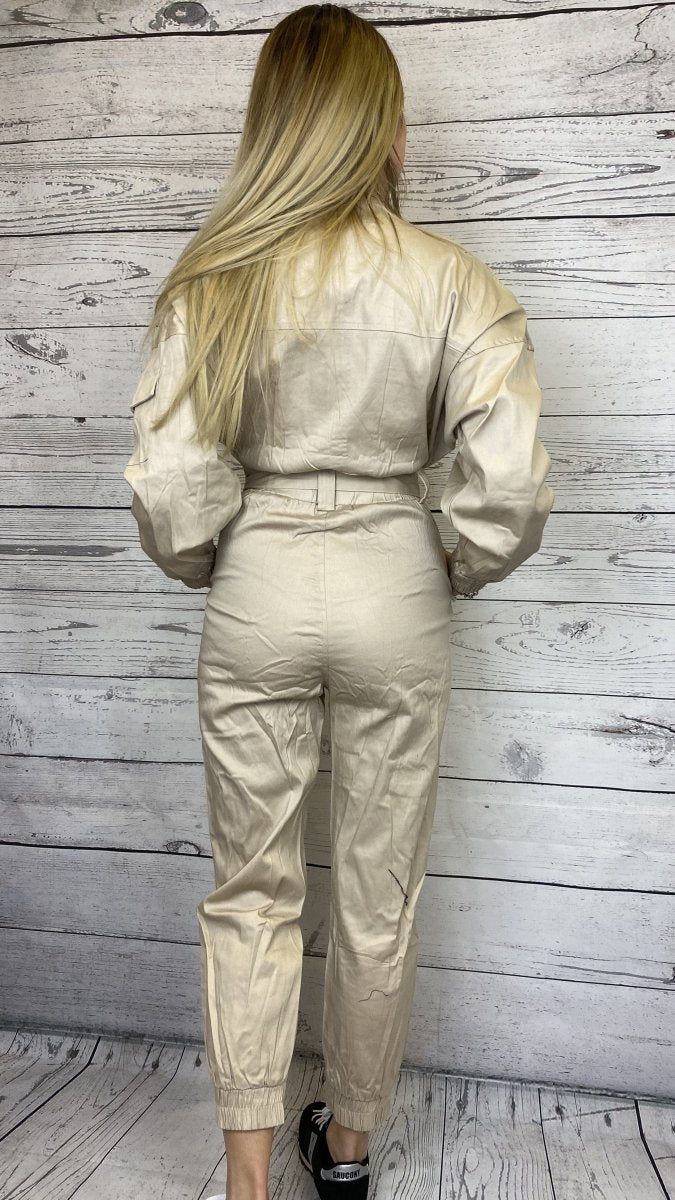 Jumpsuit beige con coulisse e bottoni argento - Follie by Alice