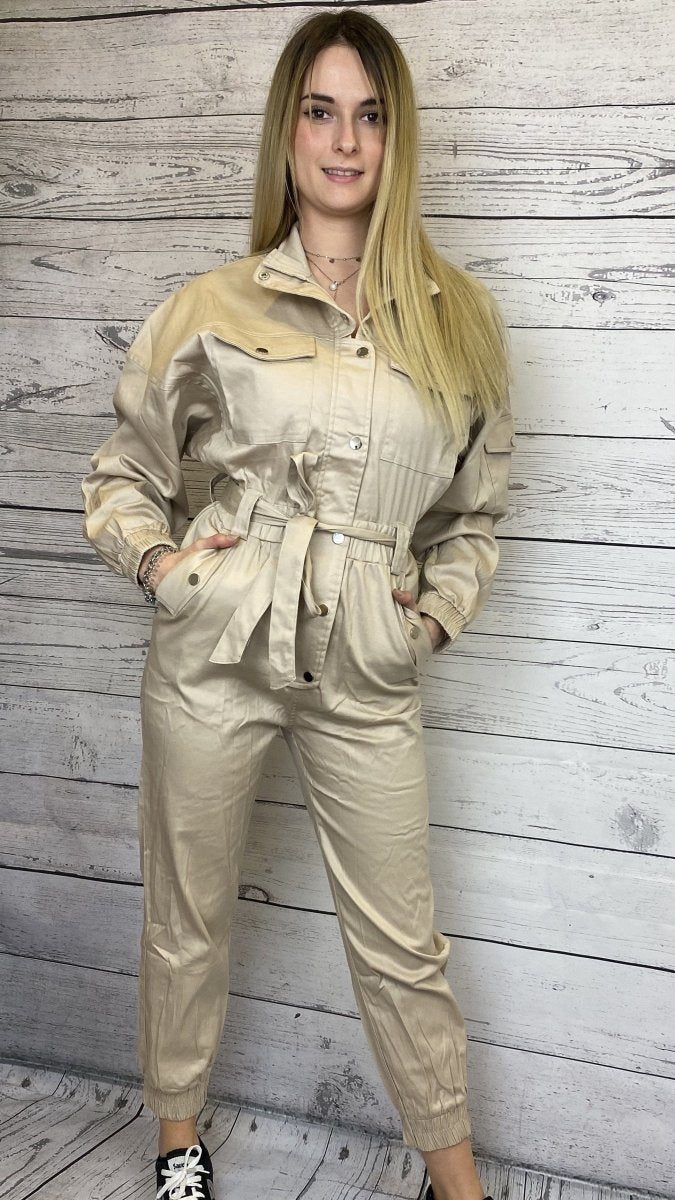 Jumpsuit beige con coulisse e bottoni argento - Follie by Alice