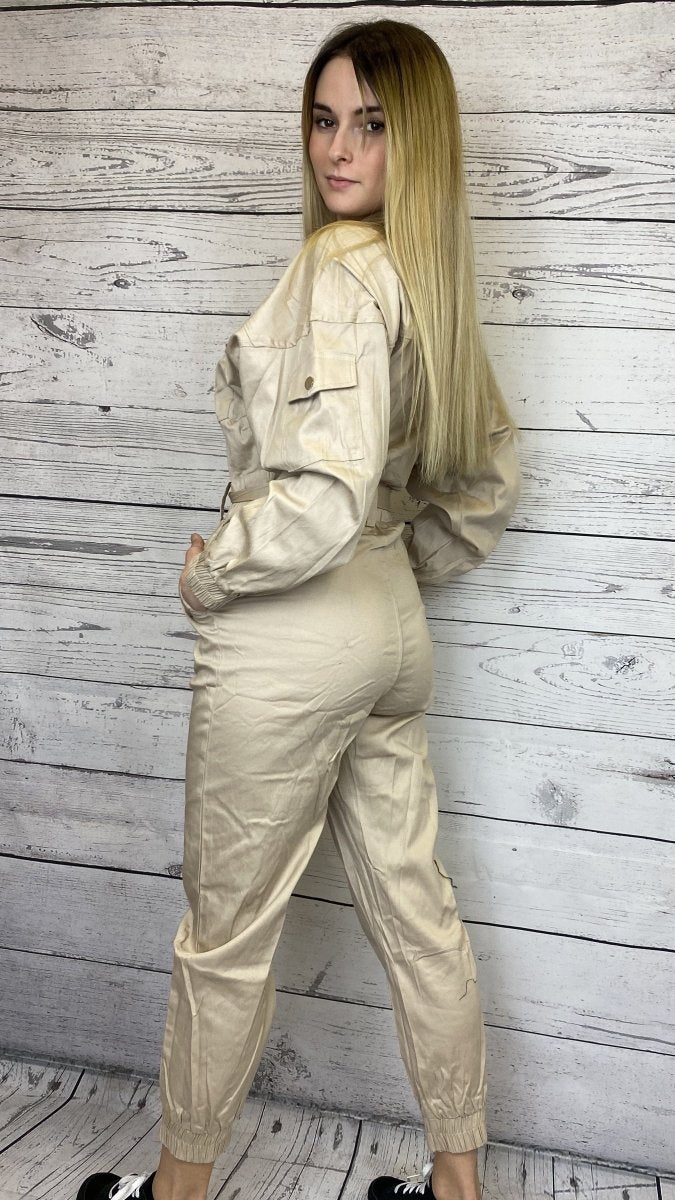 Jumpsuit beige con coulisse e bottoni argento - Follie by Alice
