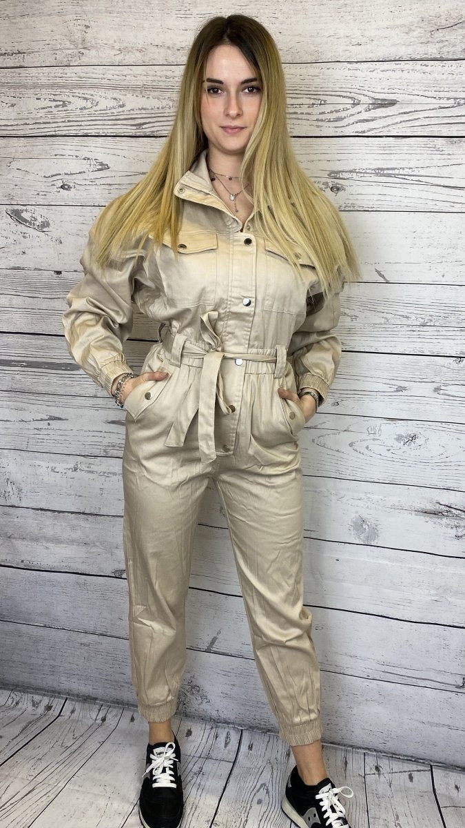 Jumpsuit beige con coulisse e bottoni argento - Follie by Alice
