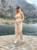 Jumpsuit beige smanicata con pantaloni cargo - Follie by Alice