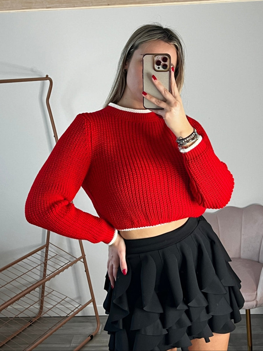 Maglioncino corto in maglia con bordi a contrasto