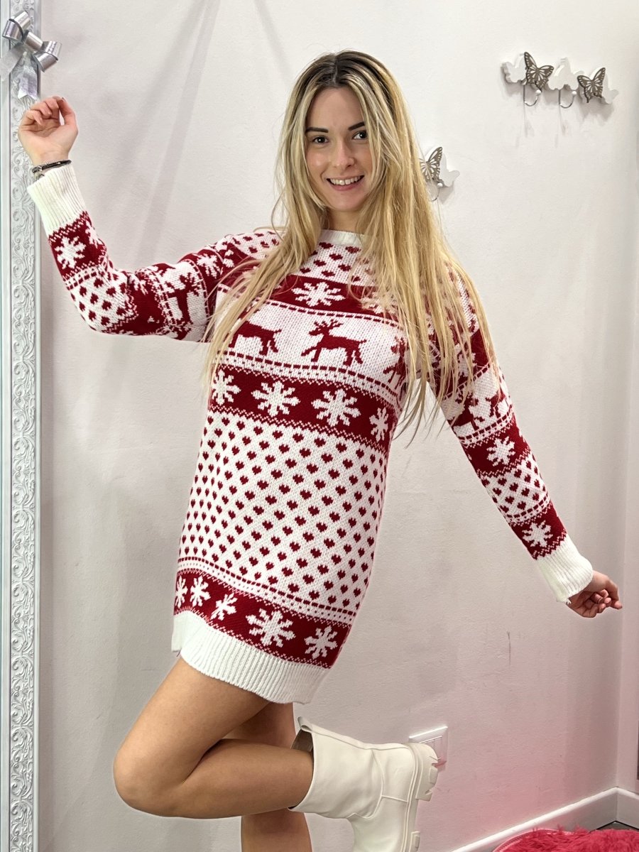 Maglione lungo natalizio Magic Christmas bianco e rosso - Follie by Alice
