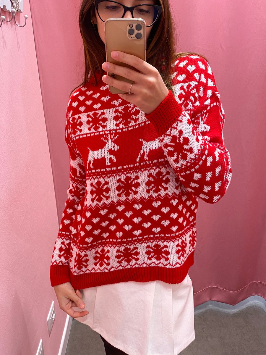 Maglione natalizio con cuoricini, renne e fiocchi di neve – alternate