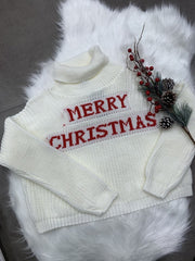 Maglione natalizio corto a collo alto bianco con scritta "Merry Christmas" - Follie by Alice