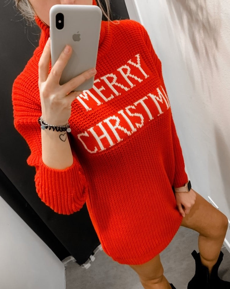 Maglione natalizio lungo rosso con scritta "Merry Christmas" - Follie by Alice