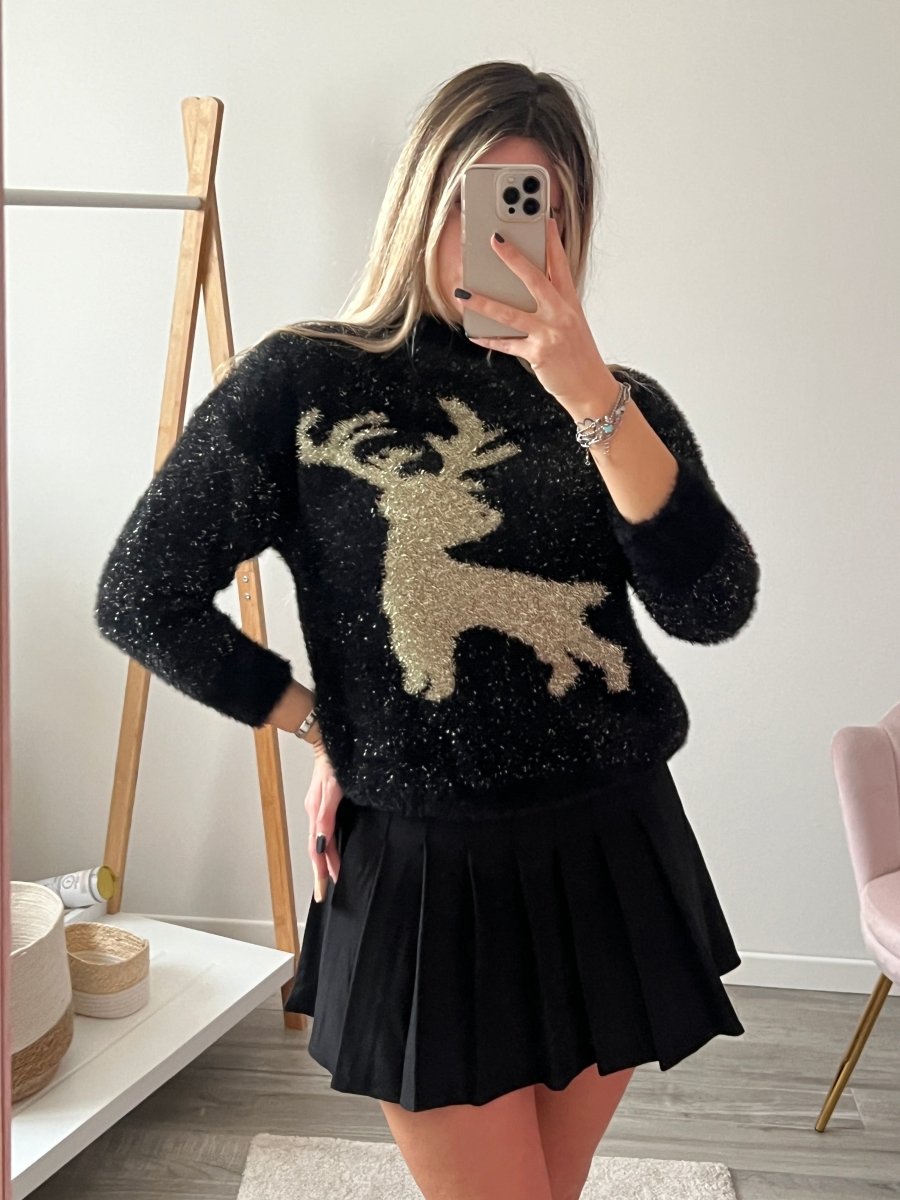Maglione natalizio nero luccicante con renna - Follie by Alice