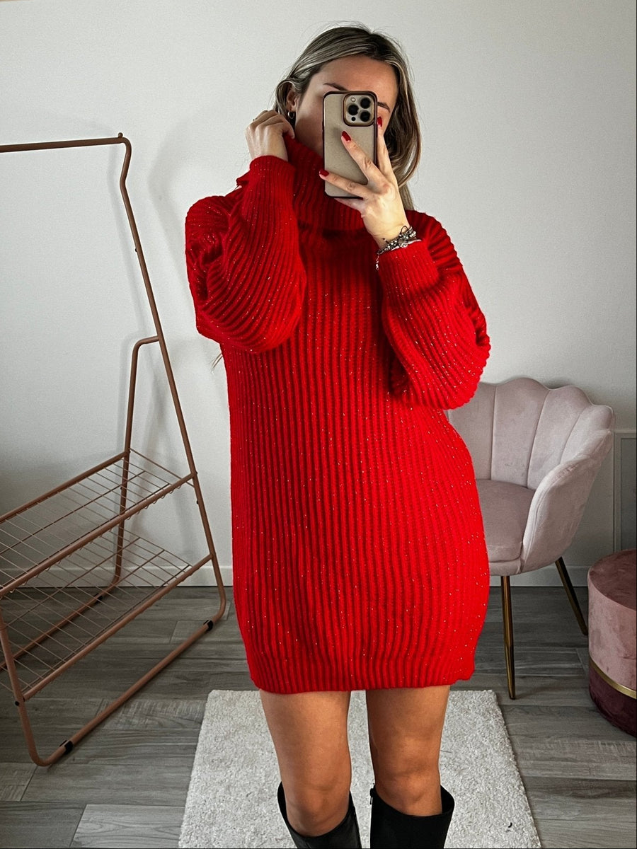 Maxi maglione vestito oversize a collo alto con brillanti