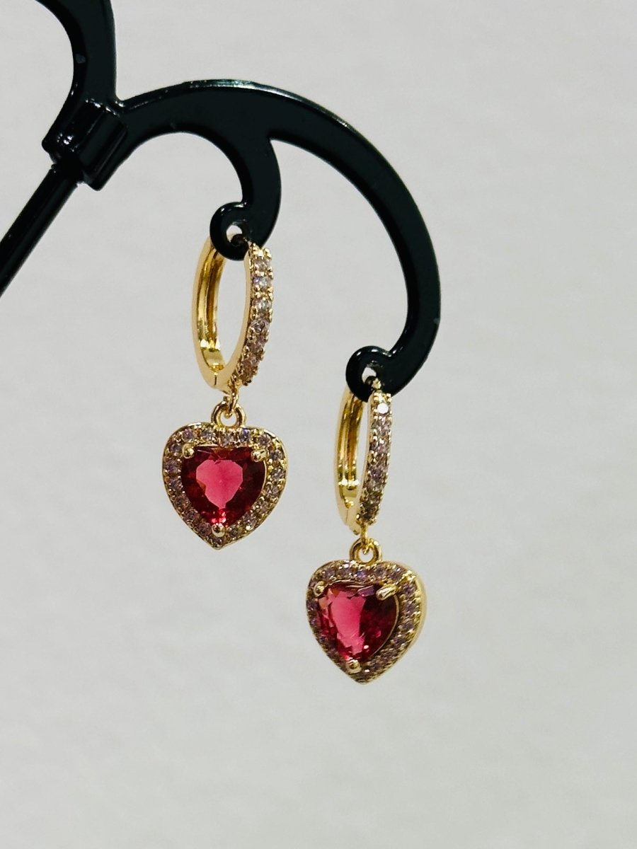 Orecchini a cuore rossi e oro con strass - Follie by Alice