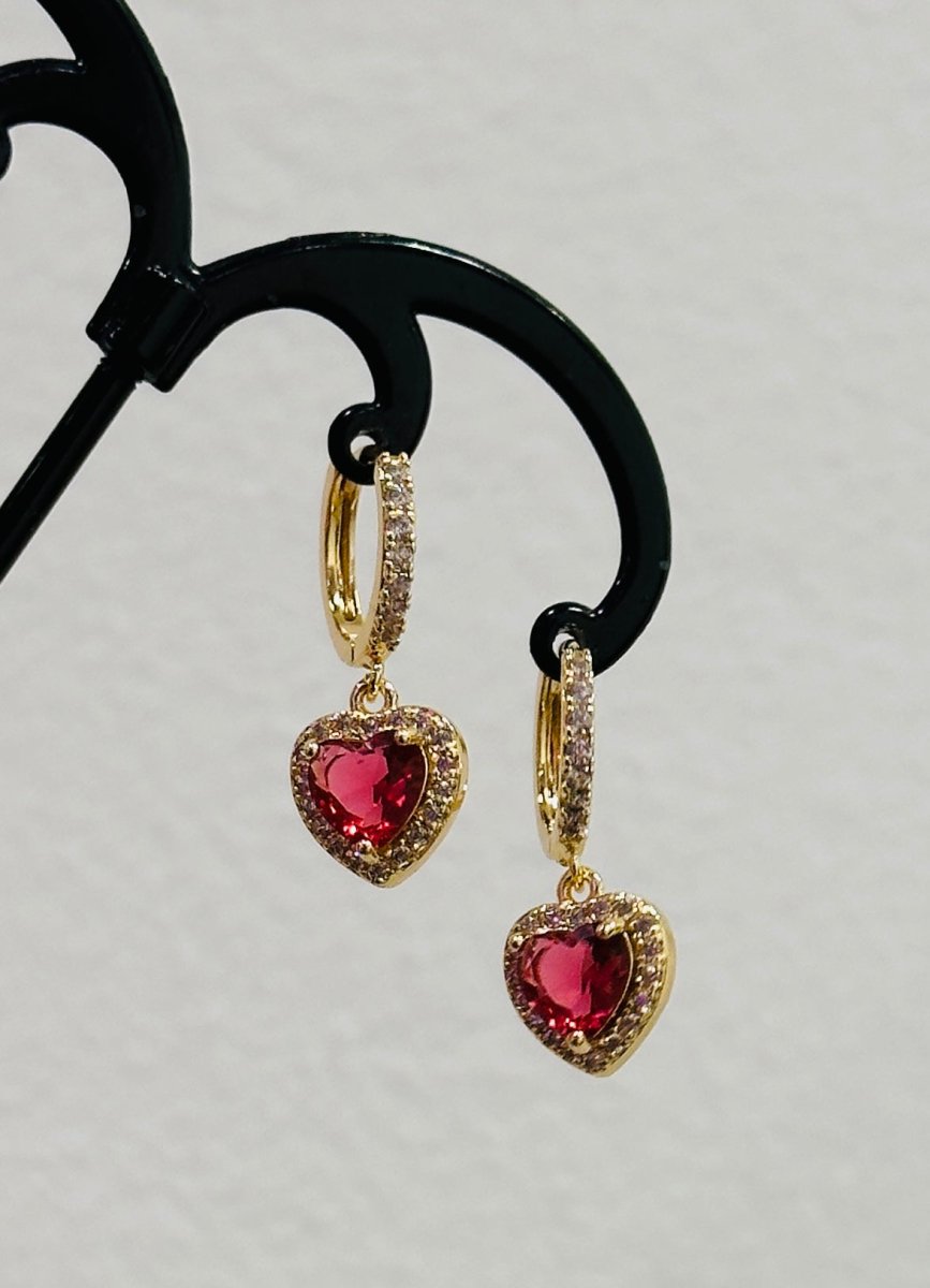 Orecchini a cuore rossi e oro con strass - Follie by Alice