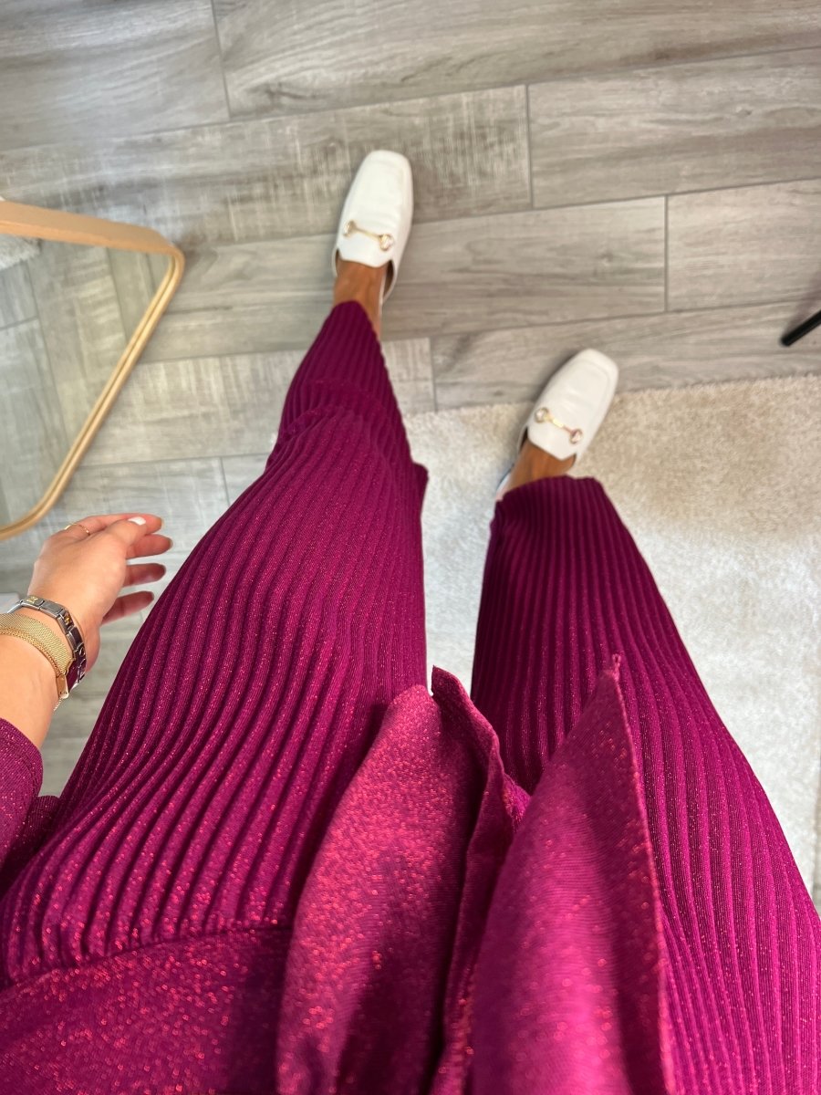 Pantaloni glitterati color vinaccia plissettati con fondo largo - Follie by Alice