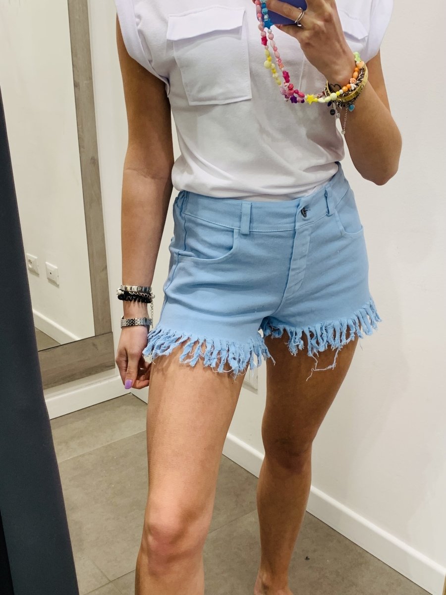 Shorts sfrangiati azzurri con vita elasticizzata - Follie by Alice