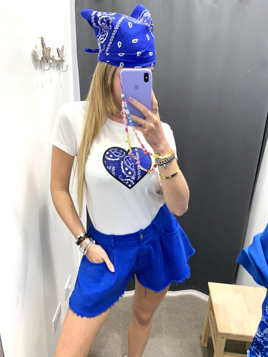 T-shirt bianca con cuore blu e bandana - Follie by Alice