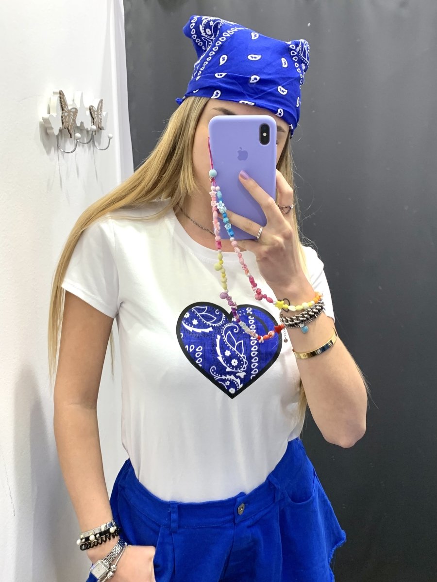 T-shirt bianca con cuore blu e bandana - Follie by Alice