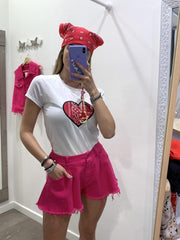 T-shirt bianca con cuore fucsia e bandana - Follie by Alice