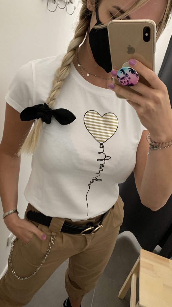 T-Shirt bianca con stampa cuore oro e argento - Follie by Alice