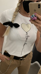 T-Shirt bianca con stampa cuore oro e argento - Follie by Alice