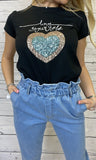 T-shirt nera "Love Yourself" con pailettes oro e azzurre - Follie by Alice