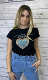 T-shirt nera "Love Yourself" con pailettes oro e azzurre - Follie by Alice