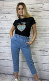 T-shirt nera "Love Yourself" con pailettes oro e azzurre - Follie by Alice