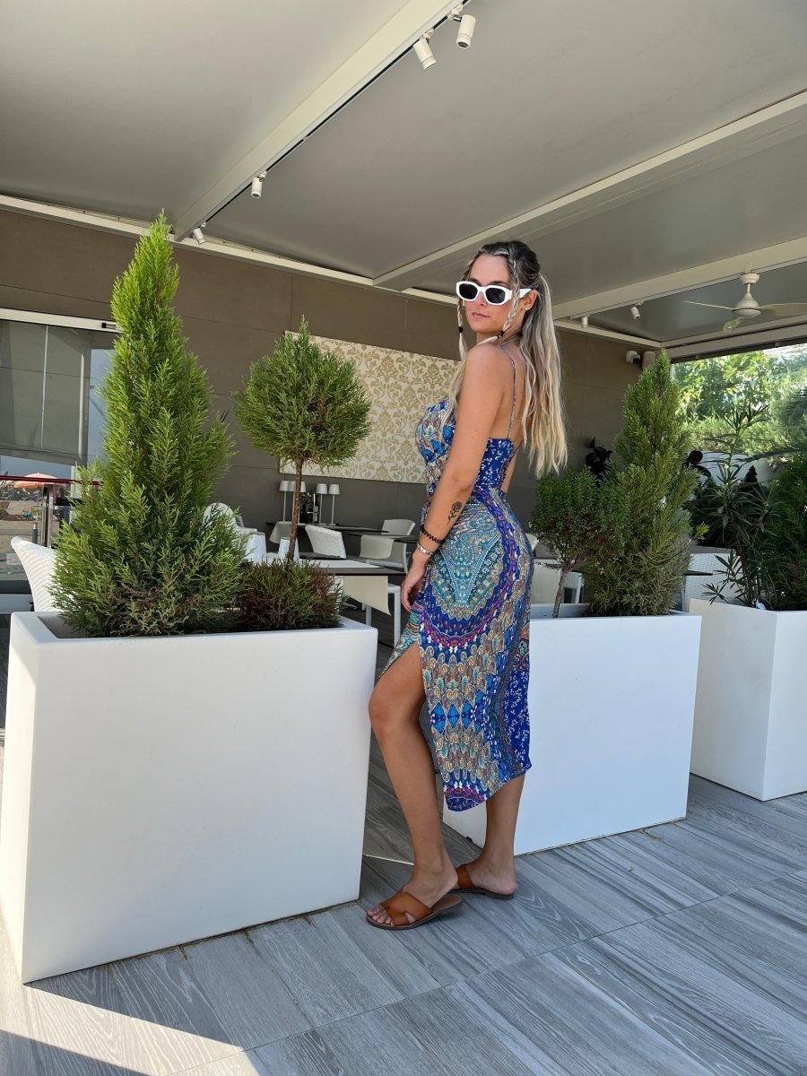 Top blu con fantasia etnica e scollo a cappuccio - Follie by Alice