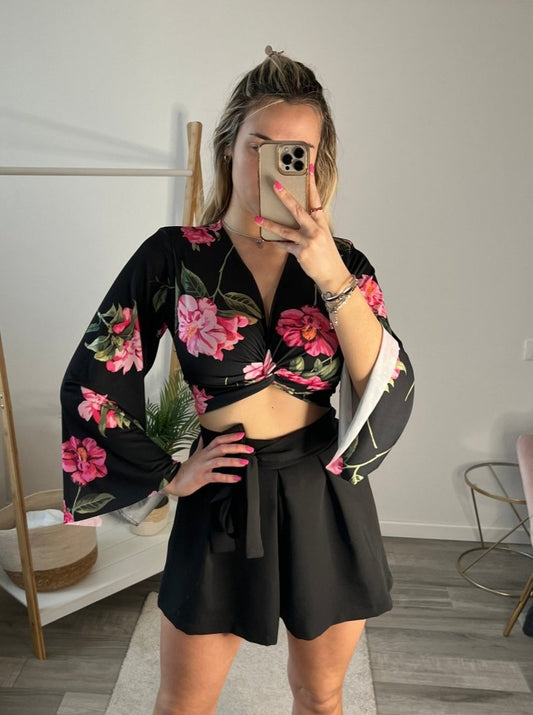 Top nero annodato con fantasia a fiori - Follie by Alice
