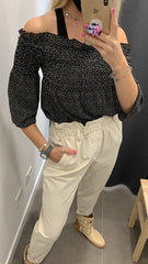 Top nero arricciato con pois e volant - Follie by Alice