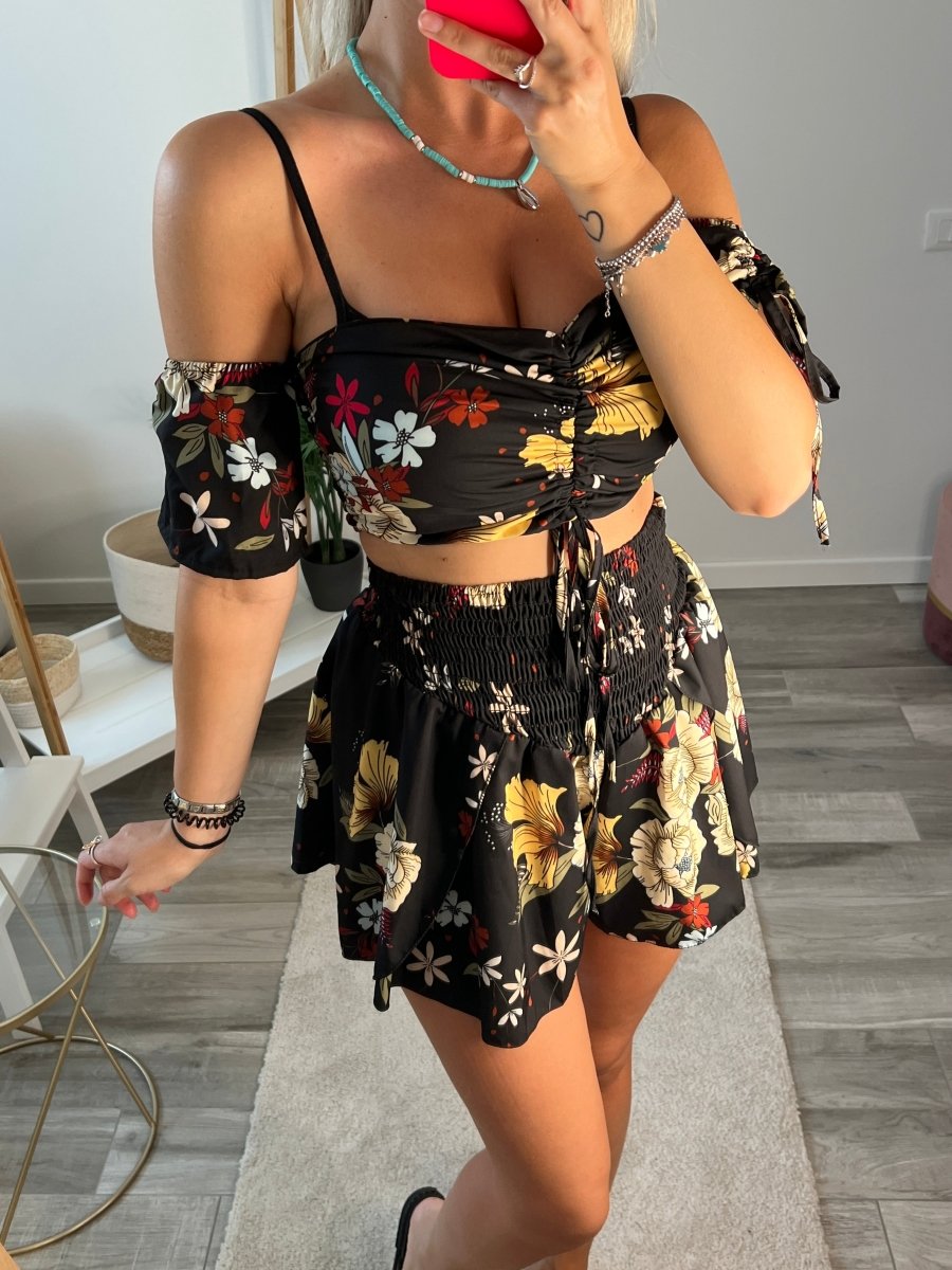 Top nero elasticizzato con stampa floreale - Follie by Alice