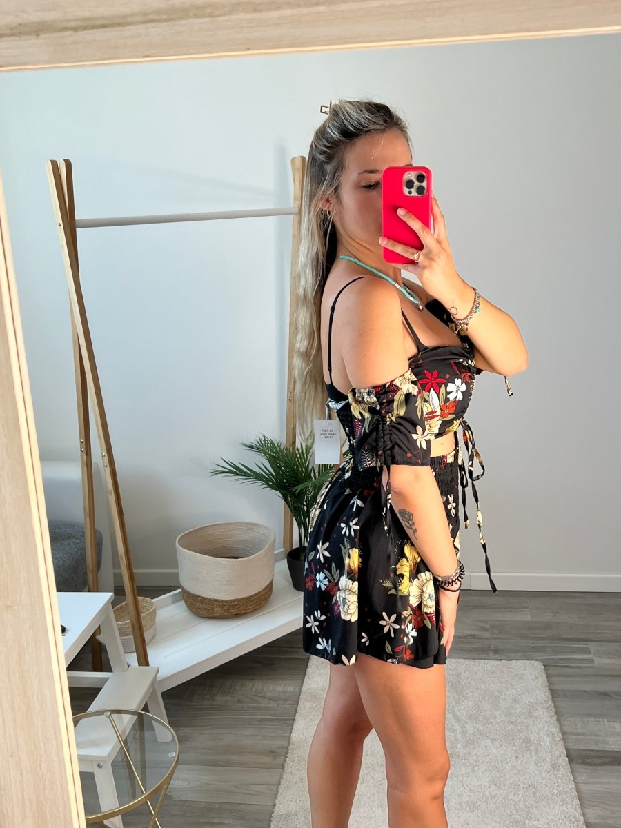 Top nero elasticizzato con stampa floreale - Follie by Alice