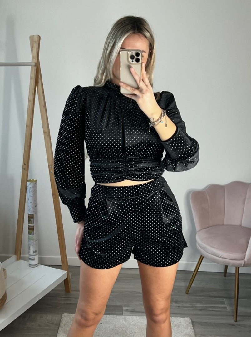 Top nero in ciniglia con borchiette gioiello - Follie by Alice