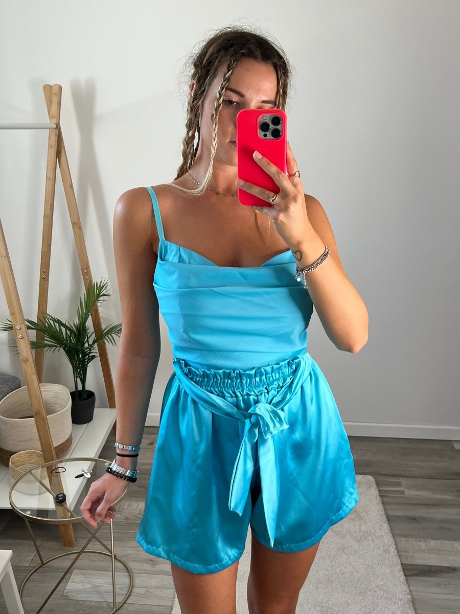 Top turchese drappeggiato con scollo a cappuccio - Follie by Alice