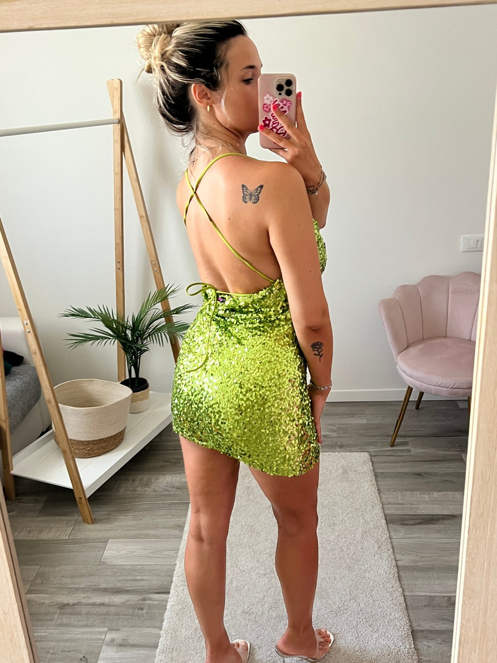 Tubino lime gioiello con paillettes e laccetti - Follie by Alice
