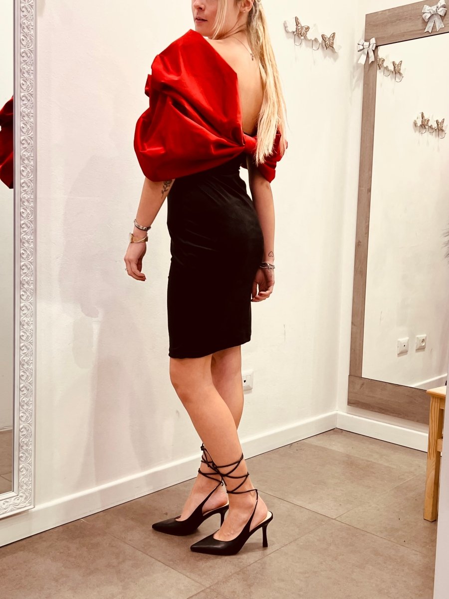 Tubino nero in ciniglia con maxi - fiocco rosso - Follie by Alice