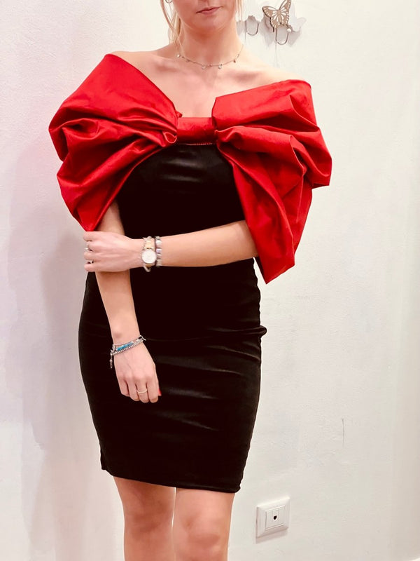 Tubino nero in ciniglia con maxi - fiocco rosso - Follie by Alice