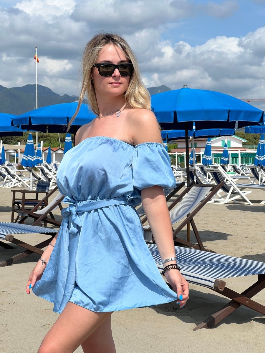 Tutina Madrid azzurra in raso con scollo a barchetta - Follie by Alice