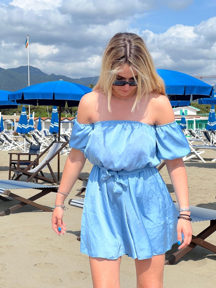 Tutina Madrid azzurra in raso con scollo a barchetta - Follie by Alice