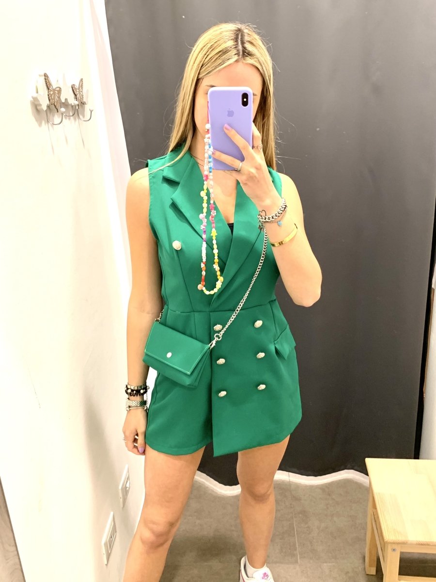 Tutina smanicata verde con bottoni gioiello - Follie by Alice