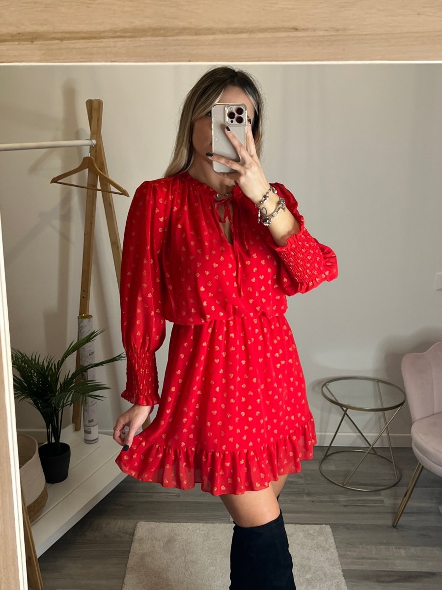 Vestitino rosso velato con cuori oro glitterati - Follie by Alice