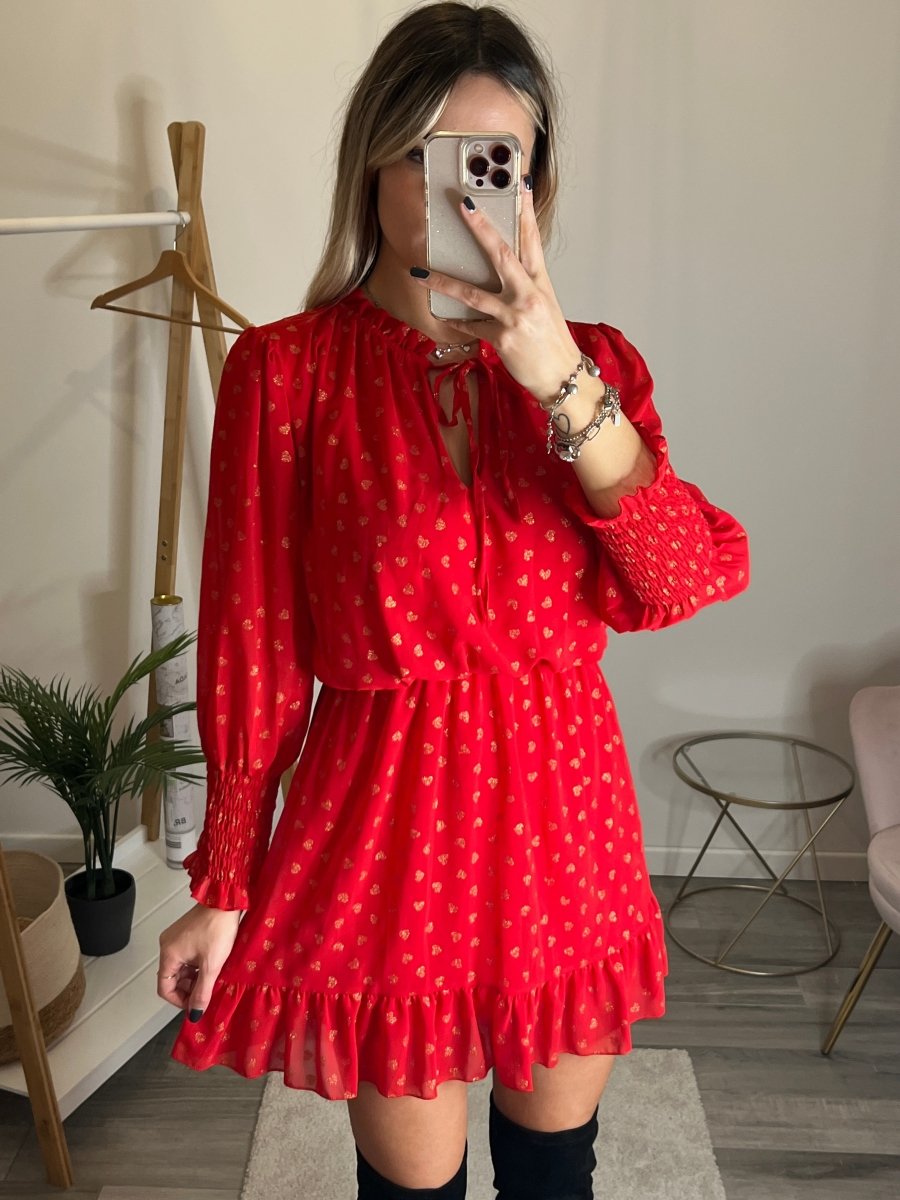 Vestitino rosso velato con cuori oro glitterati - Follie by Alice